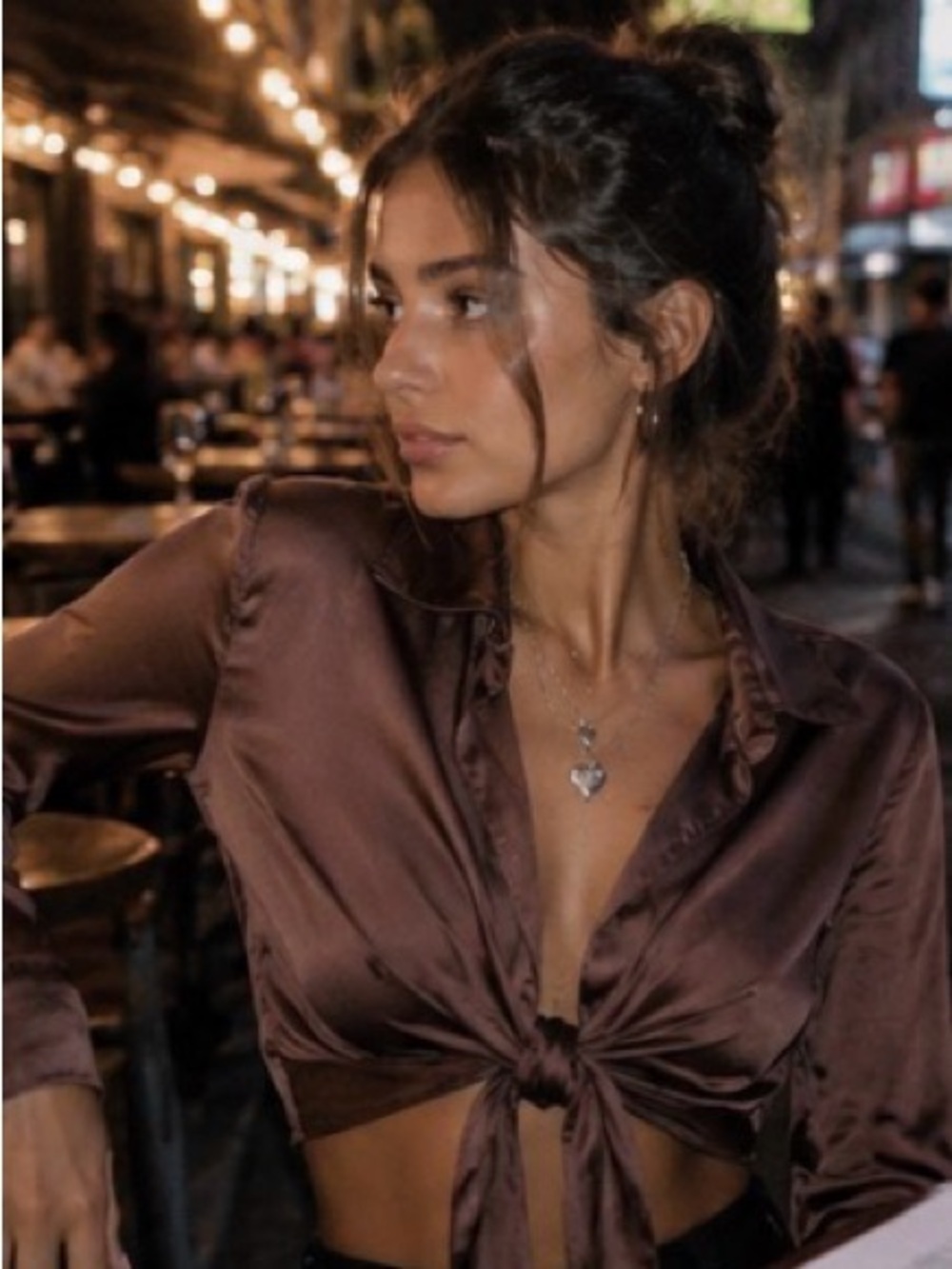 Aritzia Wilfred  Satin Tie Front Cropped Blouse XXS Brown